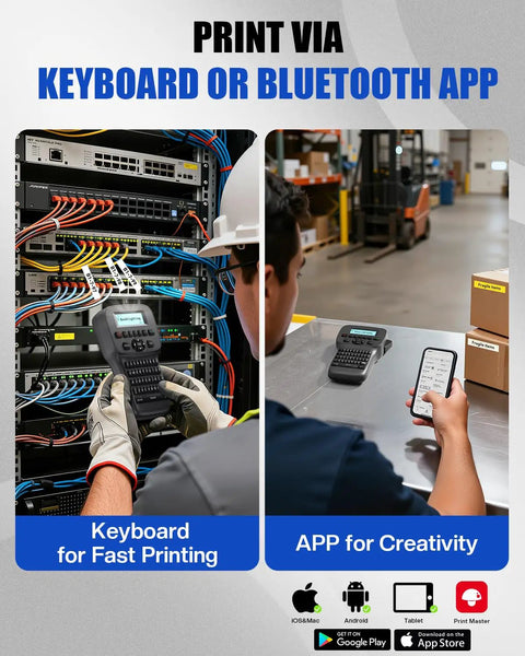 Real Deal Handheld Label Maker With Plug and Play Bluetooth Sync in use for efficient cable labeling and organization.