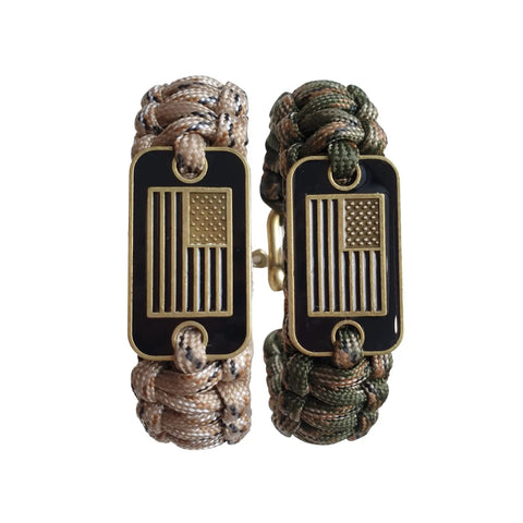 Paracord Bracelet For Men Tactical Survival Gear With Bronze USA Flag Charm Adjustable Three Size Fit Green Camo Outdoor EDC Accessory