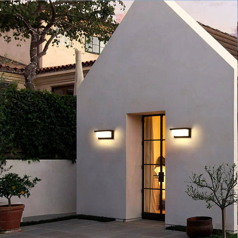 Outdoor Wall Light Modern Exterior Sconce 3000K Warm Waterproof Rectangular Porch Lighting 2 Pack 30W For Patio Garage Front Door Porch Vibes Great For Curb Appeal on white house