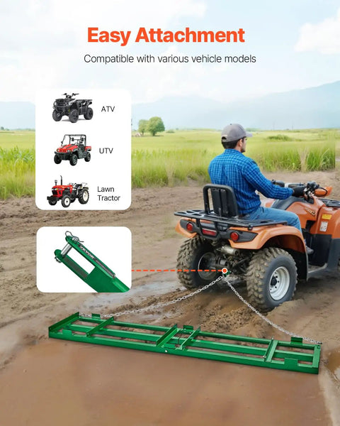 Heavy Duty Tow Behind Drag Harrow For ATV UTV Tractor And Lawn Care, 8 Ft Wide With Adjustable Bars And 72 Inch Chain