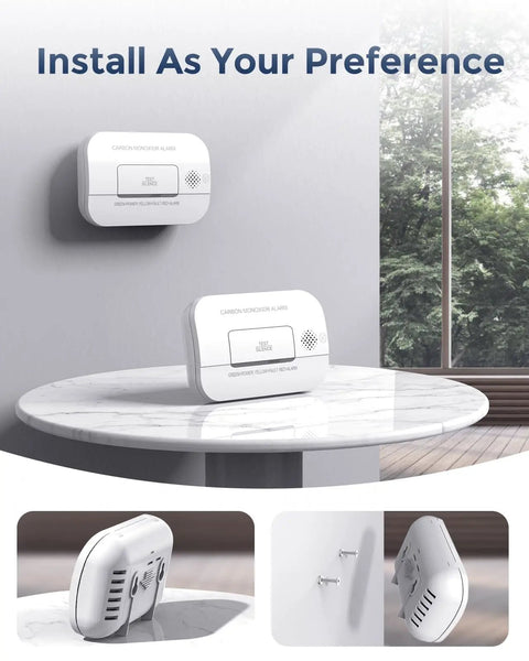 Carbon Monoxide Detectors 10-Year CO Detector With Human Alarm Sounds And Test Button For Home Safety, Electrochemical Technology With Low Battery Signal, Four Pack FJ127 displayed on wall and table