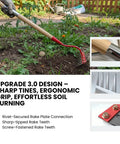 Upgraded 3.0 Weeding Rake With Seven Carbon Steel Tines Three Wood Handles And Quick Lock Rotating Head For Heavy Duty Yard Work Cultivating Soil Aeration Lawn Care Debris Removal And Easy Maneuverability In Red Finish in use