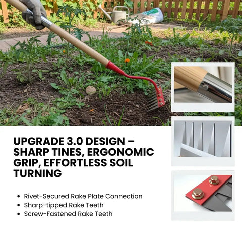 Upgraded 3.0 Weeding Rake With Seven Carbon Steel Tines Three Wood Handles And Quick Lock Rotating Head For Heavy Duty Yard Work Cultivating Soil Aeration Lawn Care Debris Removal And Easy Maneuverability In Red Finish in use