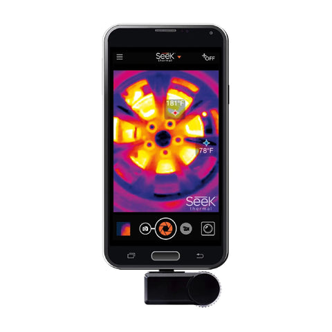 Front view of Compact All Purpose Thermal Imaging Camera For Android USB C Turns Your Phone Into A Real World Thermal Cam For Home Jobsite And More Spot Energy Loss Electrical And Mechanical Faults Water Damage And Hidden Issues attached to an Android phone displaying a thermal image.
