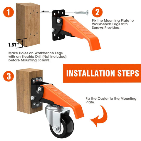 Installation steps for Retractable Caster Wheels Kit For Workbench 660 Lbs Capacity Set Of 4 Heavy Duty Side Mount Two Point Five Inch Lifting Casters For Work Table Or Tool Bench Stepdown Casters 4 Pack