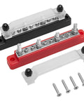 Heavy Duty 150A 12V Bus Bar With Cover, Dual Terminal Block For Car Boat Marine Solar Systems, 4 M6 Studs And 6 M4 Studs, 48V DC Ready, Keeps Wiring Clean And Safe, Black And Red bus bars with cover and mounting screws