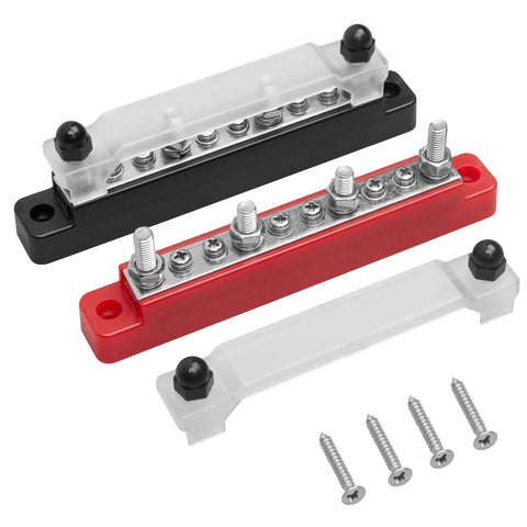 Heavy Duty 150A 12V Bus Bar With Cover, Dual Terminal Block For Car Boat Marine Solar Systems, 4 M6 Studs And 6 M4 Studs, 48V DC Ready, Keeps Wiring Clean And Safe, Black And Red bus bars with cover and mounting screws