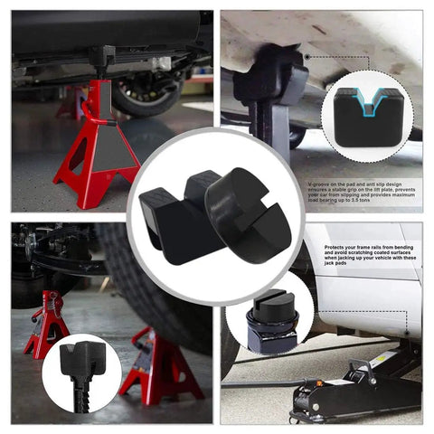 3 Ton Universal Rubber Jack Pad Adapters Set For Jack Stands, Round Type And V Type Slotted Frame Rail Protectors shown in use