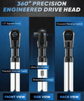 Front, side, and back views of Heavy Duty Half Inch Drive Offset Ratchet Extension Wrench For Tight Spaces With Long Reach And Three Eighth Inch And One Quarter Inch Adapters Non Slip Grip For Deep Engine Bays And Automotive Mechanic Projects, highlighting precision drive head and streamlined design.