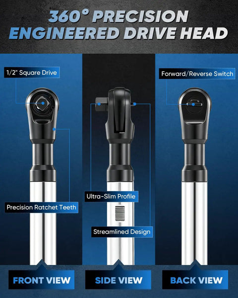 Front, side, and back views of Heavy Duty Half Inch Drive Offset Ratchet Extension Wrench For Tight Spaces With Long Reach And Three Eighth Inch And One Quarter Inch Adapters Non Slip Grip For Deep Engine Bays And Automotive Mechanic Projects, highlighting precision drive head and streamlined design.