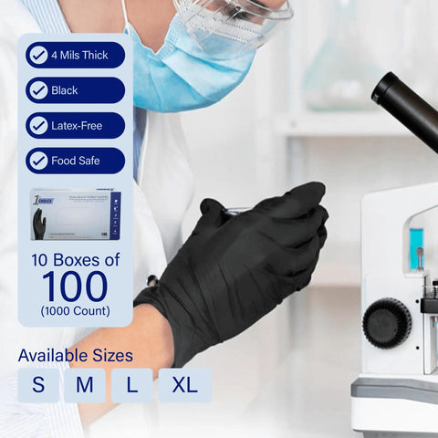 Top-Tier Black Nitrile Disposable Gloves In A Massive 1000-Count Box, 4 Mil Extra-Thick Cushioning X-Large Fit for lab use.