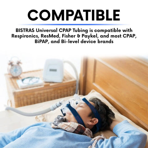 Person using Premium 6 Foot Universal CPAP Tubing Hose For All CPAP Machines 22mm Gray Pack Of 2 Flexible Durable Tubing