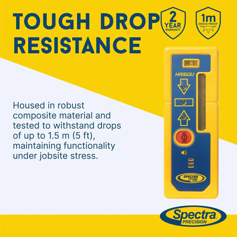 Straight Up Heavy Duty Laser Level Receiver With Dual Sided Led Display for Red Green or Infrared Rotating Lasers, showing tough drop resistance.