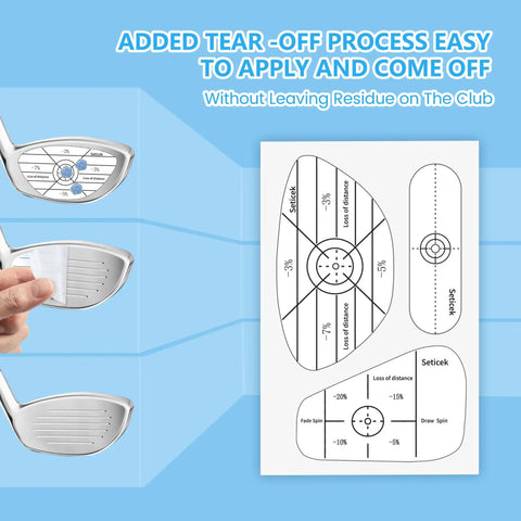 Left Hand Golf Impact Tape Set with 150 Pieces showing application on clubs and easy removal diagram