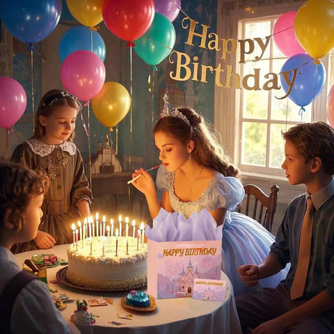 Birthday party with cake and kids using 13 Inch Large Birthday Gift Bag Set With Tissue Paper And Greeting Card Pink And Purple Princess Castle Theme