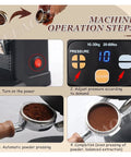 Machine operation steps for Heavy Duty Coffee Tamper With 58mm Precision Portafilter, demonstrating setup and usage.