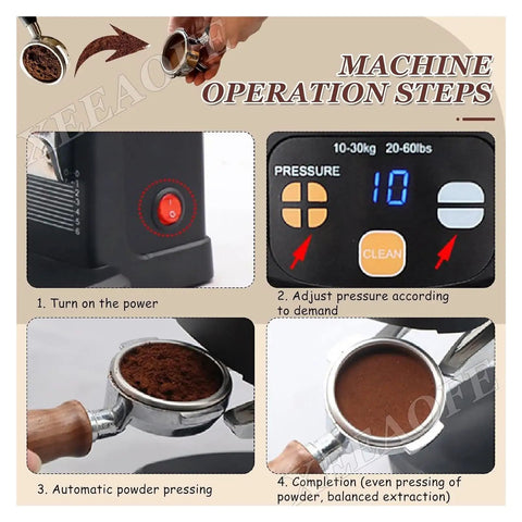 Machine operation steps for Heavy Duty Coffee Tamper With 58mm Precision Portafilter, demonstrating setup and usage.