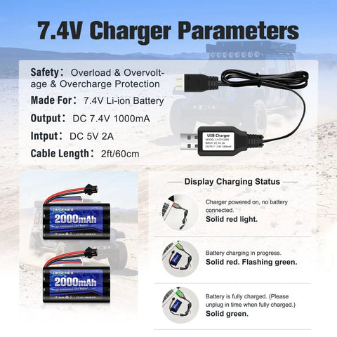 Image showing 7.4V charger parameters and USB charger, 2S 7.4V 2000mAh Li Ion RC Battery With SM 2P Plug High Capacity Rechargeable For WPL MN99.