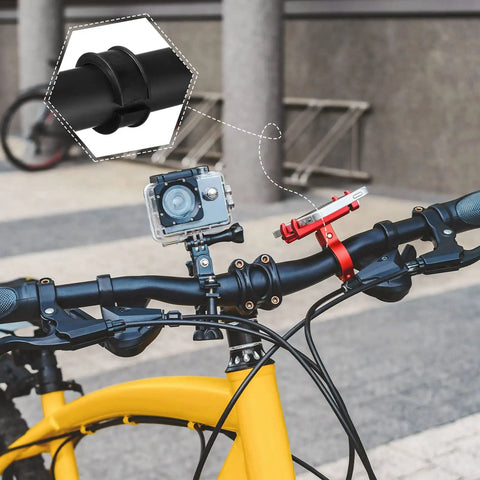 Yellow bike with camera mount showing 12 Pack Bike Handlebar Shim Gaskets Spacers 22.2/25.4 Mm To 31.8 Mm Non Slip Rubber Adapters