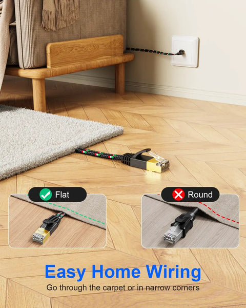 Flat Nylon Braided Cat7 Ethernet Cable 25 Ft Dope Ultra Slim And Heavy Duty Shielded Pure Copper LAN Cord Delivers 10Gbps High Speed For Gaming PS5 Xbox PC Router And Smart TV Ideal For Under Carpet Setup shown under carpet