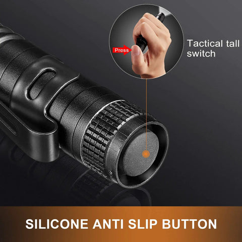 Close-up of Six Piece LED Pen Lights With Clip Pocket Flashlights For Handy Checks showing silicone anti-slip button.