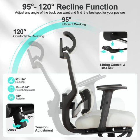 Ergonomic Office Chair With Footrest And Mesh Back, Adjustable Headrest And Armrests, Dynamic Floating Wing Lumbar Support, side view