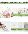 Image showing All In One Wall Repair Kit For Large And Small Holes With Drywall Patches And White Paint 3 Pack For Quick DIY Fixes including graffiti, oil stain, and wall cracks repair examples.