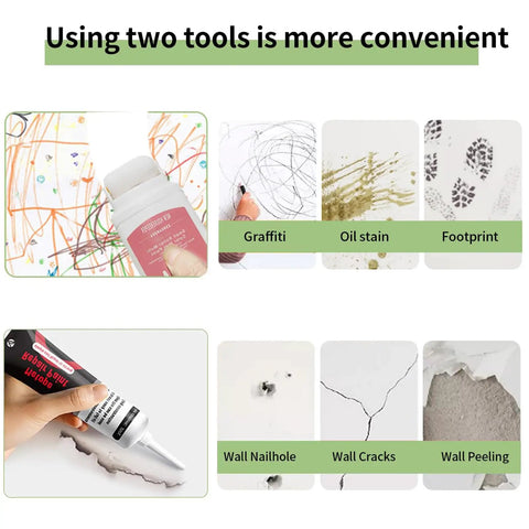 Image showing All In One Wall Repair Kit For Large And Small Holes With Drywall Patches And White Paint 3 Pack For Quick DIY Fixes including graffiti, oil stain, and wall cracks repair examples.