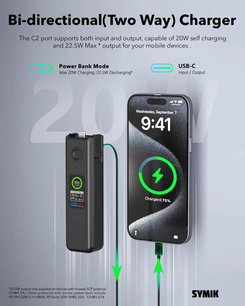 Bi-directional charger with LCD display charging a smartphone, illustrating Intelligent Battery For DJI Osmo Pocket 4 Pro And Pocket 3 functionality.