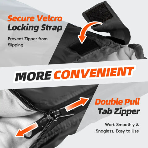 Close-up of Oversized 4 Season Sleeping Bag For Adults And Big And Tall Campers showing velcro strap and double pull tab zipper.