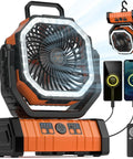 Camping Fan With 20000mAh Battery And LED Lantern, Portable Tent Fan With Hanging Hook, Dual USB Outputs, Black And Orange