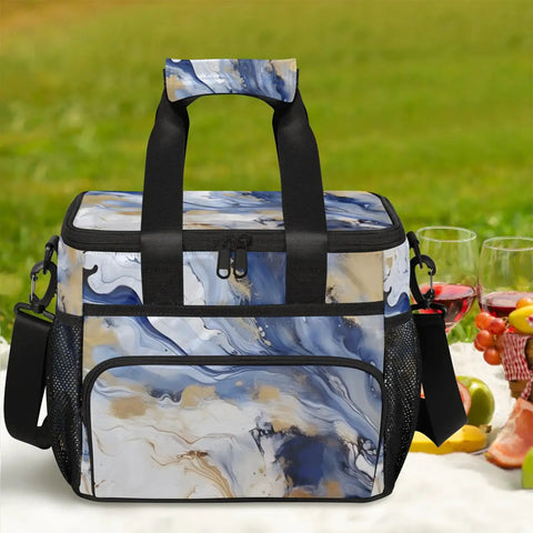 Insulated Picnic Backpack With Large Capacity Lunch Bag For On The Go Meals, marble design at picnic setting.