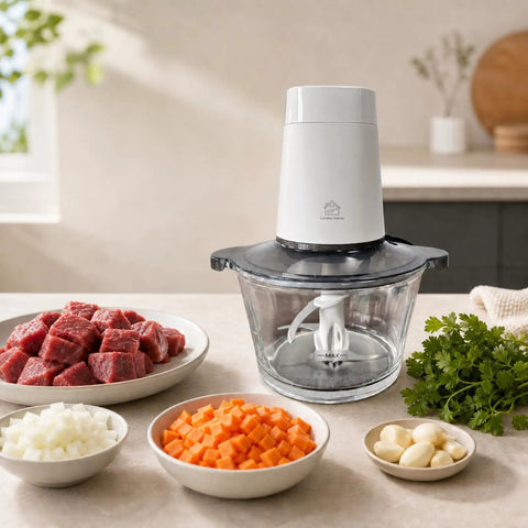 Cuisine Talent Electric Food Chopper With 1.8L Glass Bowl 150W Motor for chopping soft meat and veggies with ingredients.
