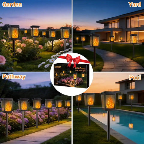 Gen2 Flickering Flame Solar Torch Lights 6 Pack Outdoor Waterproof Garden Decor Lamps Solar Powered Tiki Torches for patio pathway yard lighting installed in garden and around pool at night