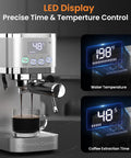 Adjustable Temperature Espresso Machine With Bright Led Display And Creamy Milk Frothing Wand shows precise digital controls for brewing.