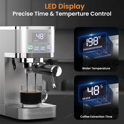 Adjustable Temperature Espresso Machine With Bright Led Display And Creamy Milk Frothing Wand shows precise digital controls for brewing.