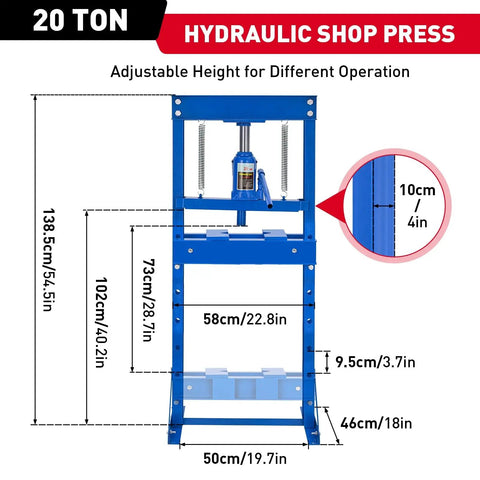 Front view of 20 Ton Hydraulic Shop Press With H Frame For Auto Bending And Stamping Heavy Duty Adjustable Table And Press Plates