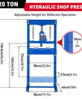 Heavy Duty 20 Ton Hydraulic Shop Press With Solid H Frame Build And Adjustable Work Table dimensions and features measurements.