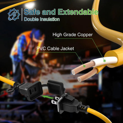 Close-up of 100Ft Construction String Lights for Job Sites showing double insulation with high-grade copper and PVC cable jacket.