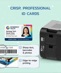 Plug And Play Desktop Identification Card Printer With Built In Camera And Full Color Ribbon Shoots Out Crisp Badges Instantly Smooth 300 Dpi Workflow, showcasing printed ID cards and printer details.