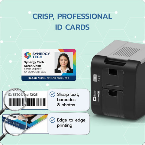 Plug And Play Desktop Identification Card Printer With Built In Camera And Full Color Ribbon Shoots Out Crisp Badges Instantly Smooth 300 Dpi Workflow, showcasing printed ID cards and printer details.