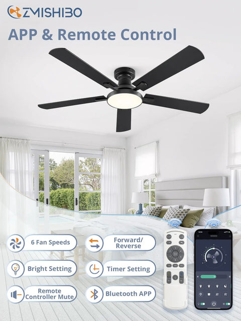 52 Inch Ceiling Fan With Lights Super Easy To Use Low Profile Flush Mount Black shown in modern bedroom with remote control and app interface