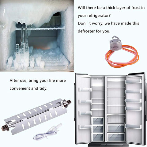 Plug And Play Complete Refrigerator Defrost Heater Kit With Temperature Sensor And Defrost Thermostat Replacement Set Includes WR51X10055 WR55X10025 WR50X10068 Replaces WR51X10030 showing heater, sensor, and frosted fridge compartment.