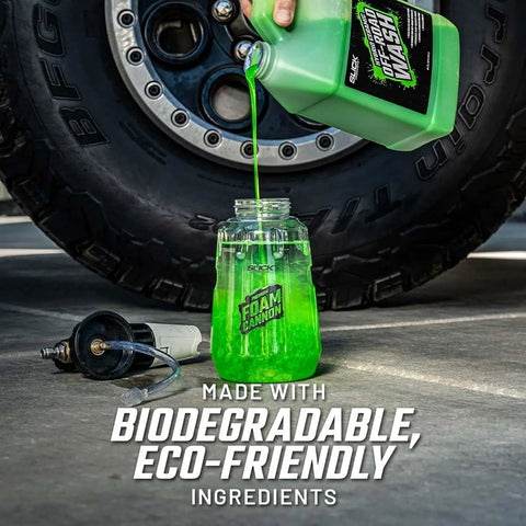 Off Road Wash Concentrate Thick Foaming Car Soap With Hybrid Ceramic Formula Clings To Mud And Dirt, Works Great With Foam Cannons, Built For Dirt Bikes, ATVs, UTVs, Jeeps And Trucks, 128 Oz, green liquid poured into foam cannon