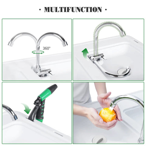 Dual Sink Fish Cleaning Table For Camping And Picnics, 42.5 Inch Portable Folding Fish Station faucet and sprayer features