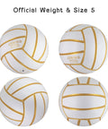 Golden White Volleyball Official Size 5 with minimalist design, gold accents, for street, beach, indoor play, eight-point-two-inch diameter
