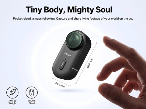 Clip1 Mini Action Camera With Hands Free POV Wearable Magnetic Mount shown in hand, dimensions 28.4mm x 64.6mm