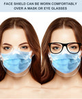 Woman wearing transparent face shield over mask on left and with glasses on right, showing how to wear Transparent Face Shield For Men And Women, Lightweight Anti Fog Protective Shield, Reusable And Washable Clear Shield, Breathable Face Cover That Lets You Show Your Smile And Makeup, Scratch Resistant Sturdy Fit.