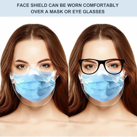 Woman wearing transparent face shield over mask on left and with glasses on right, showing how to wear Transparent Face Shield For Men And Women, Lightweight Anti Fog Protective Shield, Reusable And Washable Clear Shield, Breathable Face Cover That Lets You Show Your Smile And Makeup, Scratch Resistant Sturdy Fit.