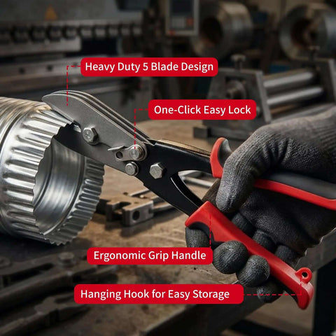 5 Blade Hand Crimper For Sheet Metal 24 28 Gauge Ductwork HVAC Crimping Tool held by gloved hand, focusing on ergonomic grip and heavy duty design